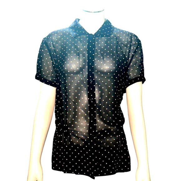 The Limited Silk XL Black White Polka Dot Sheer Blouse Short Sleeve Sheercore - Picture 2 of 11